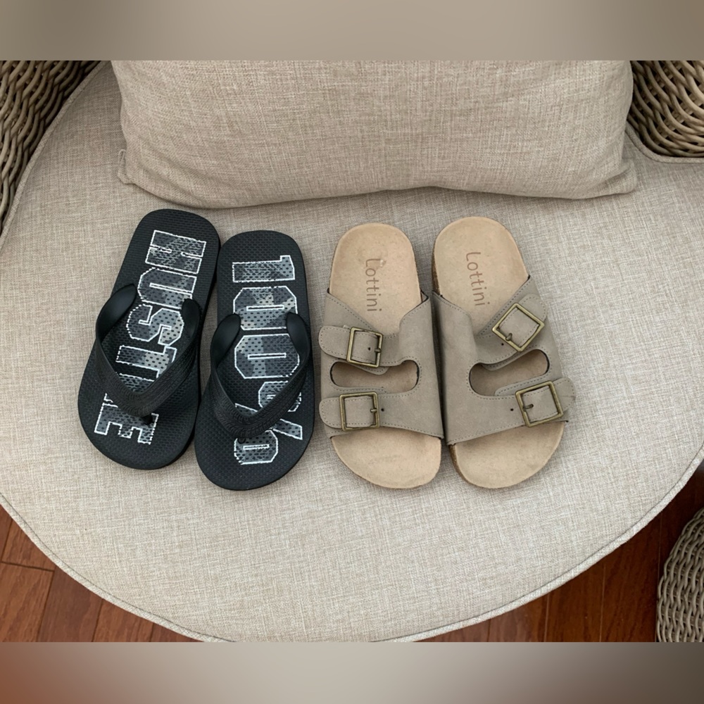 Bundle of 2 Kids’ Sandals: Lottini Brown w/2 Buckles & Black Rubber Flip-Flops